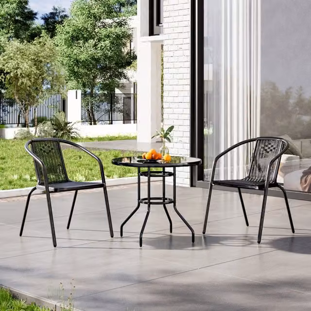 Breeins Outdoor Garden Table Set with 2 Black Rattan Chairs and Tempered Glass Top