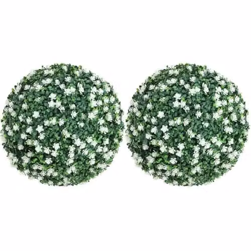 HOMCOM Set of 2 Hanging Artificial Floral Topiary Balls with Flowers, Green and White, Diameter: 40 cm – 1