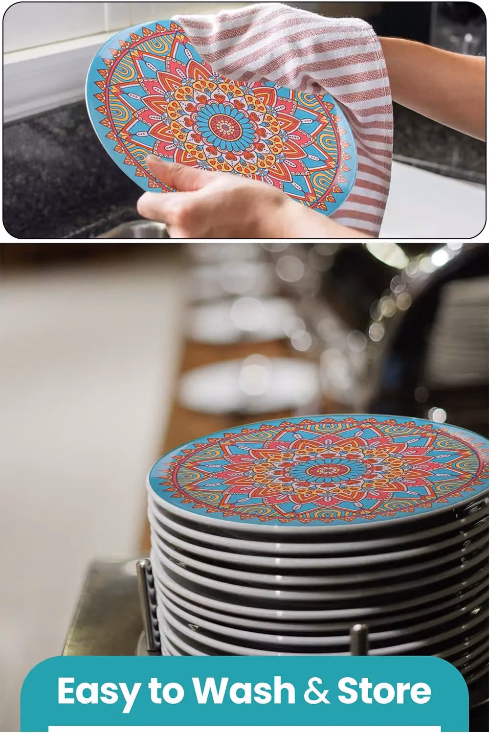 Neel Blue 16 Piece Melamine Dinner Set with Geometric Swirl Design in Blue and Multicolour – 3