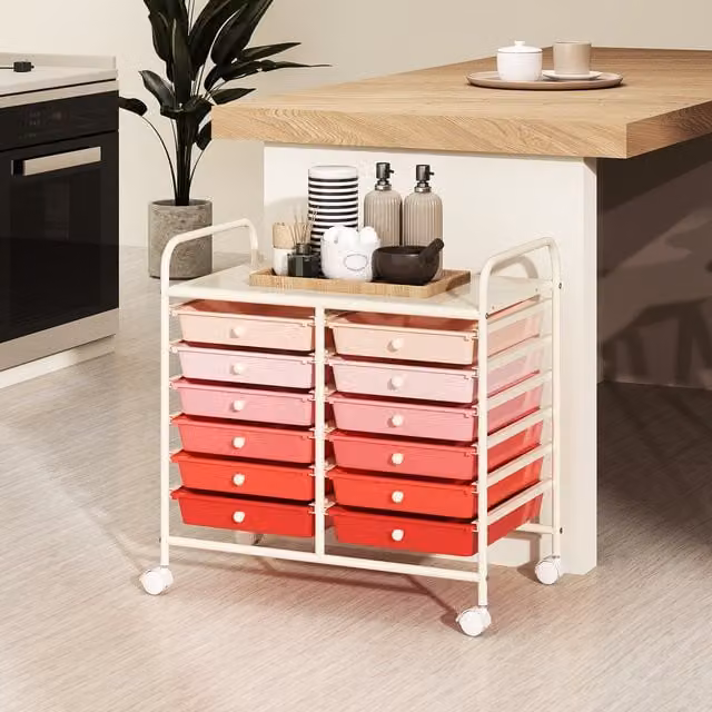 COSTWAY 12-Drawer Metal Utility Storage Cart with Castors, Pink