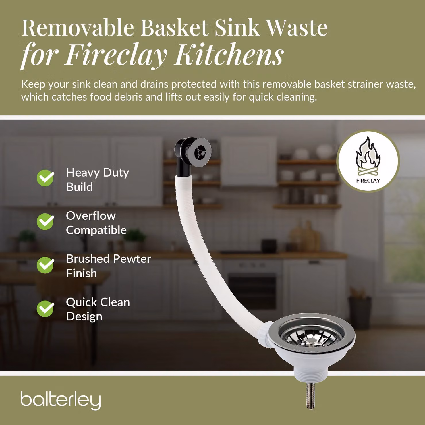 Balterley Fireclay Kitchen Sink Basket Strainer Waste with Overflow in Silver Brushed Pewter 90mm – 3