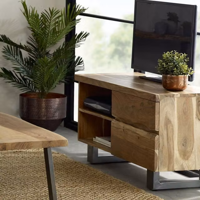 IH Design Modern Two Tone Oak and Acacia Wood TV Stand with 2 Drawers in Brown