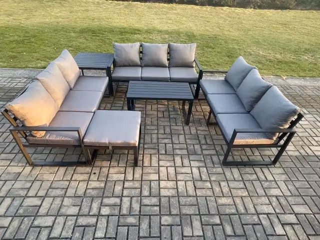 Fimous 10 Seater Outdoor Garden Furniture Set in Dark Grey with Powder Coated Aluminium Frame, 3 Seater Sofa, Coffee Table and Ottoman