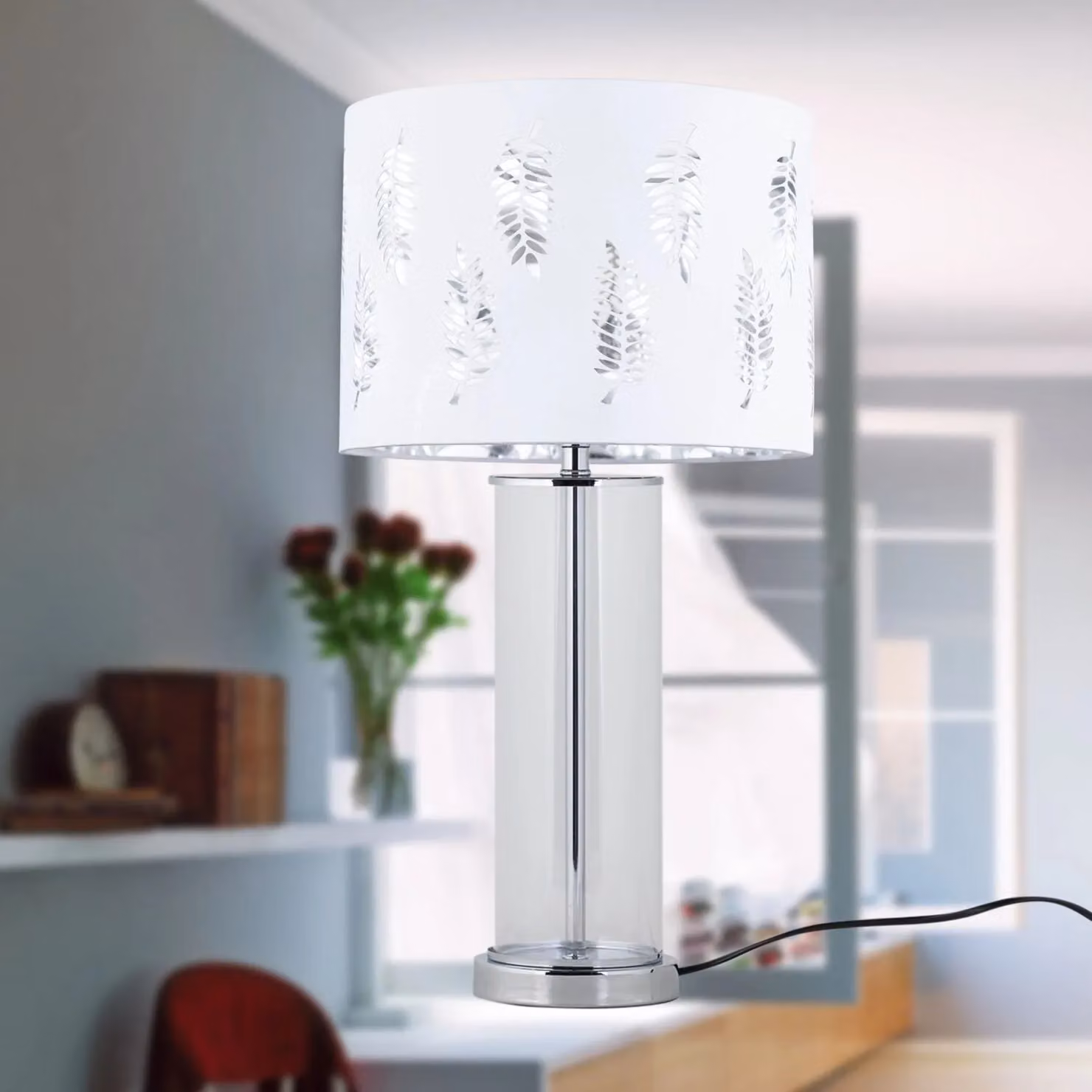 First Choice Lighting Aura Chrome Table Lamp with White Fern Cut Out Silver Inner Shade – 3