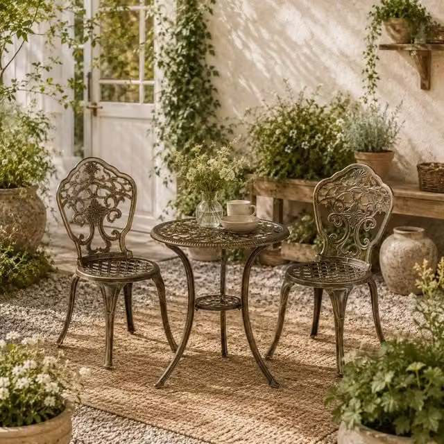 Wyld Haus Bava 3 Piece Bronze Cast Aluminium Garden Bistro Set with Parasol Hole – 1