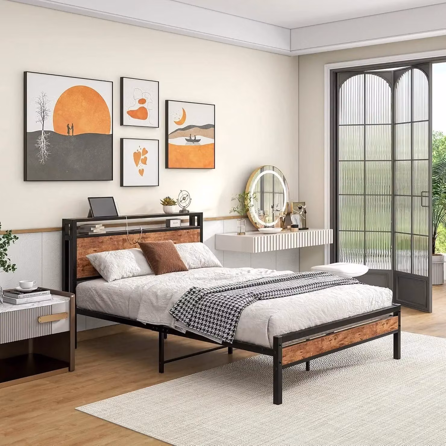 EONLION Industrial Metal Double Bed Frame with Side Compartments in Brown, 140 x 200 cm – 4