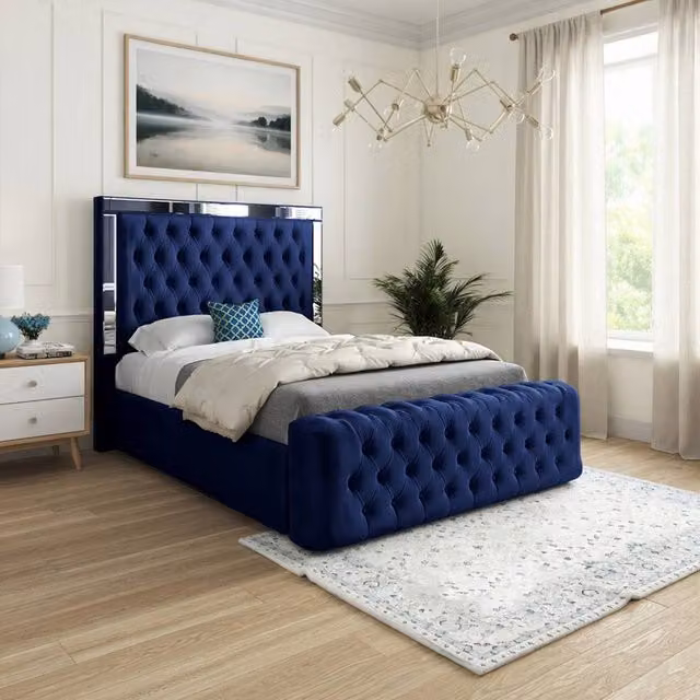Casani Ludgershall Mirror Upholstered Blue Soft Velvet Designer Bed Frame, W/D/H: 200 x 137 x 200 cm