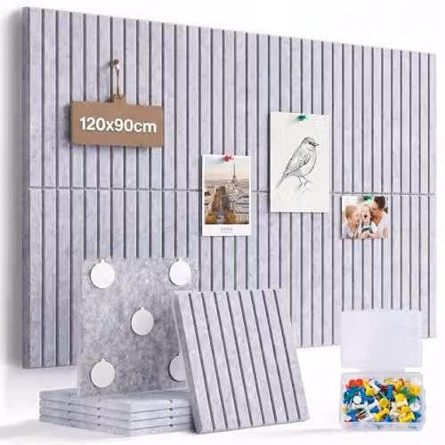 Levede Grey Felt Notice Board Wall Tiles, 12 Pack Self Adhesive Acoustic Pin Board, W/D/H: 30 x 30 x 0.9 cm per tile