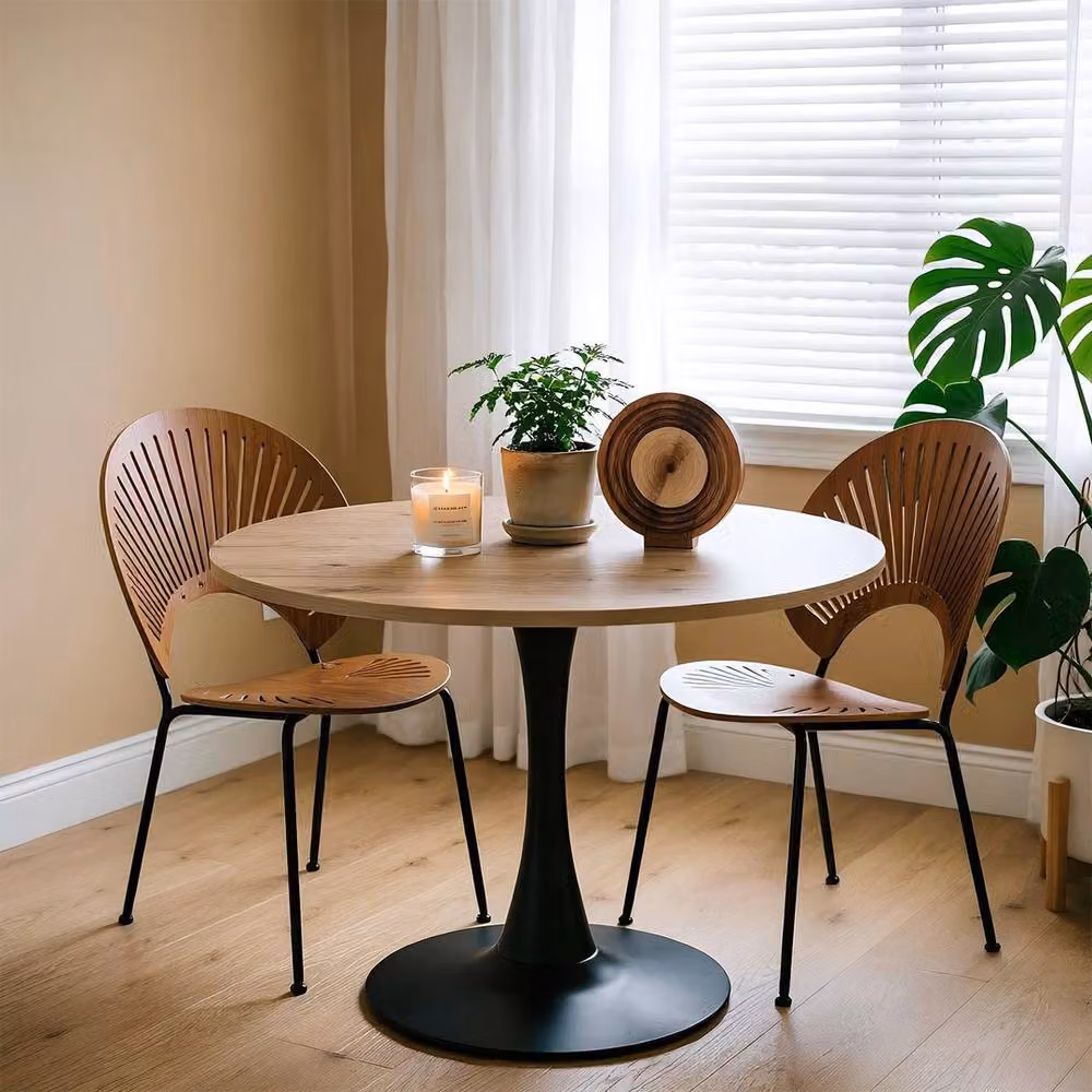 FORGEVIO Modern Round Wooden Dining Table in Brown with Black Metal Base, Dia. 70 cm, H 75 cm – 2