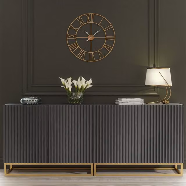 Mex Furniture LTD Set of 2 White Fluted Sideboards with Gold Base and Dark Grey Accents, W: 200 cm
