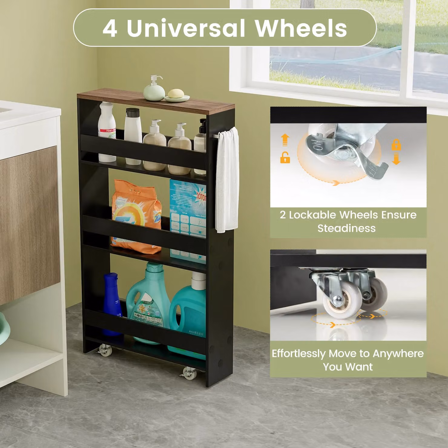 Costway 3-tier Slim Rolling Kitchen Serving Cart with Open Shelves in Black and Multicolour – 4