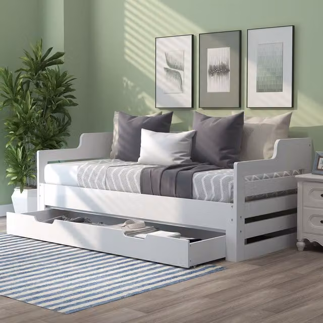 AKA White Solid Wood Single Daybed with Trundle and Drawers, 90 x 190 cm – 1