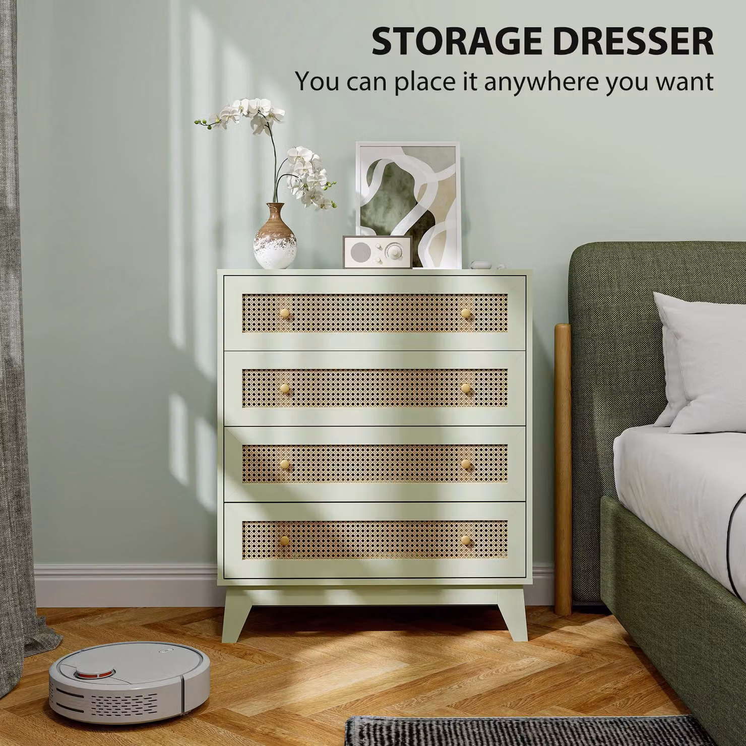 HOMCOM 4 Drawer Chest of Drawers with Rattan Element in Light Green – 3