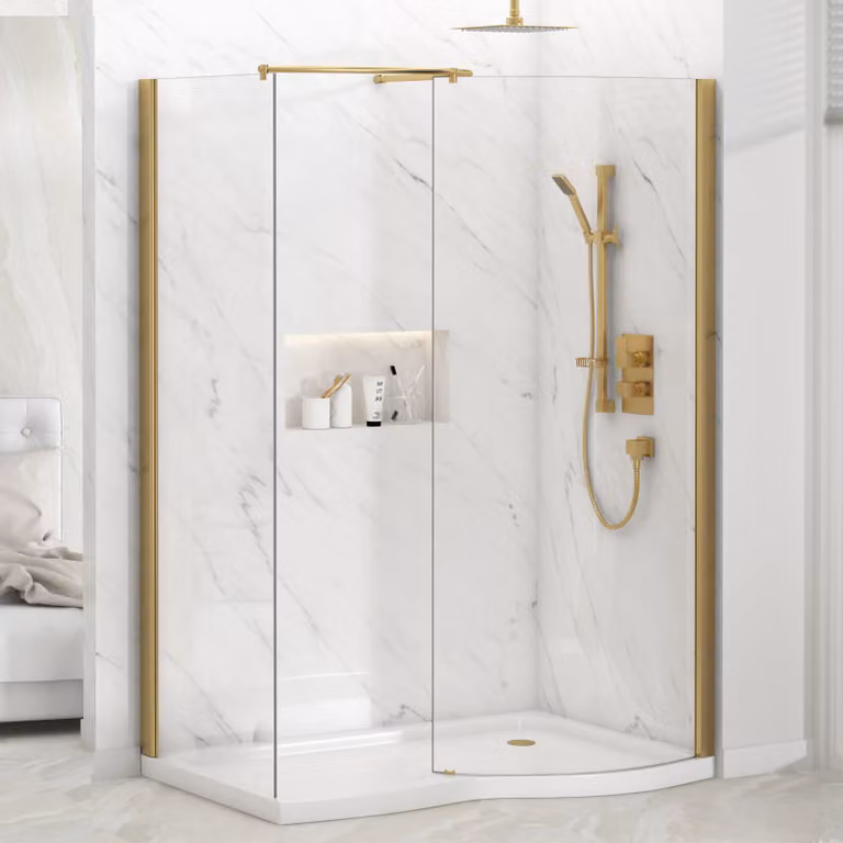 Royal Bathrooms Milan Curved Walk In Enclosure with RH Tray, Brushed Brass, W: 140 cm, D: 90 cm, 8mm Glass