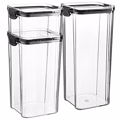 Argon Tableware 3 Piece Food Storage Container Set in Black and Transparent, BPA-Free Stackable and Leakproof Plastic Kitchen Organisers with Clip Lids