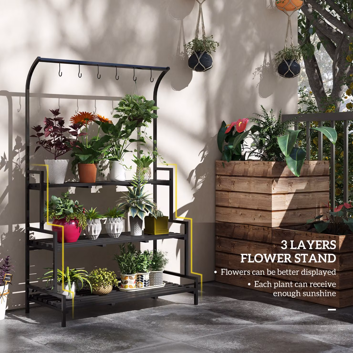 Outsunny 3 Tiered Plant Rack with Hanging Hooks in Black, H 170 x W 110 x D 30 cm – 4