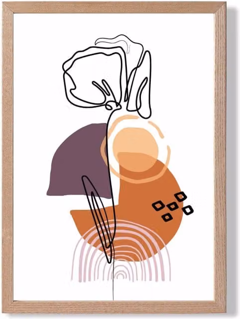 ARTZE Carnation Floral Line Art Framed Print with Boho Purple and Orange Shapes in an Oak Wood Frame, A4