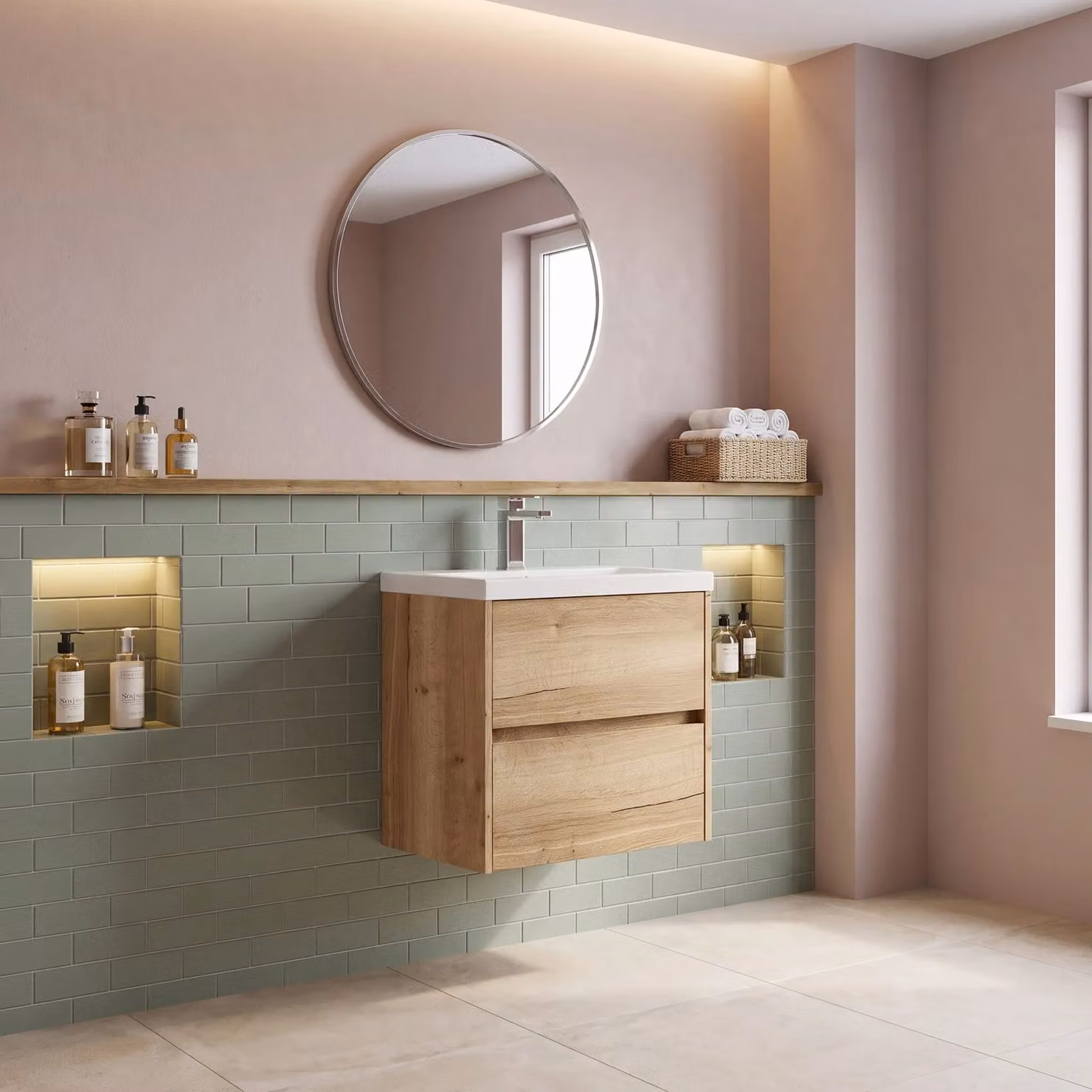 Balterley Square Wall Hung 2 Drawer Vanity Unit and Basin, Autumn Oak Brown, W: 60 cm – 3