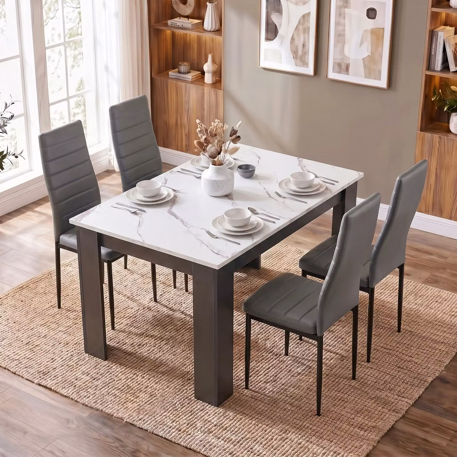 DHS Modern 4 to 6 Seater Dining Table and Chairs Set with White Marble Effect Rectangular Table and Grey Upholstered Chairs