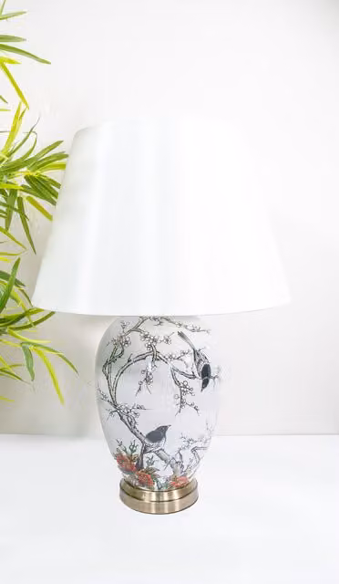 Downton Interiors Grey Magpie Ceramic Table Lamp with White Fabric Cone Shade