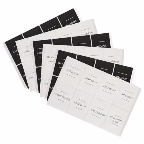Harbour Housewares 48 Piece Soap Dispenser Labels Set in White and Black Waterproof Stickers for Bathroom and Kitchen Organising