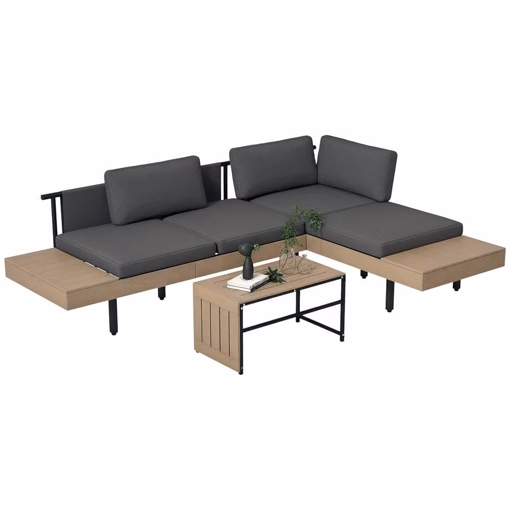 OUTSUNNY 3-Piece L-Shape Garden Sofa Set with HDPE Table and Grey Cushions – 2
