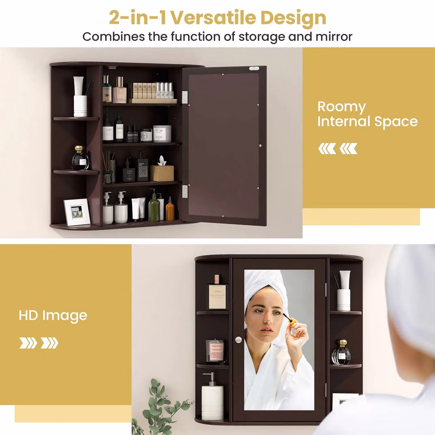 Gymax Modern Wooden Mirrored Bathroom Cabinet in Dark Brown – 3