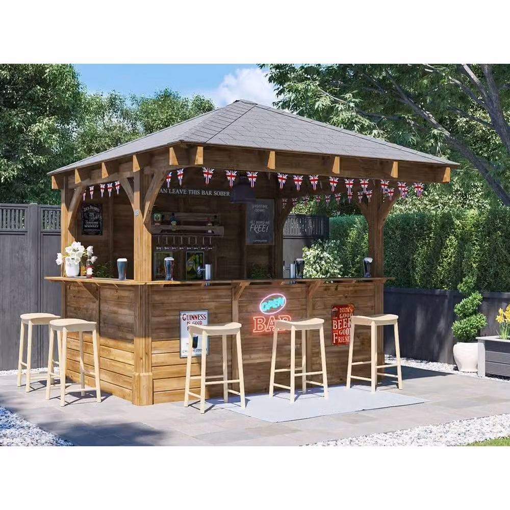 Dunster House Leviathan Wooden Garden Bar Outdoor Pub Shed in Brown with Black Bitumen Roof Shingles, W: 300 cm, D: 300 cm, H: 212 cm – 2