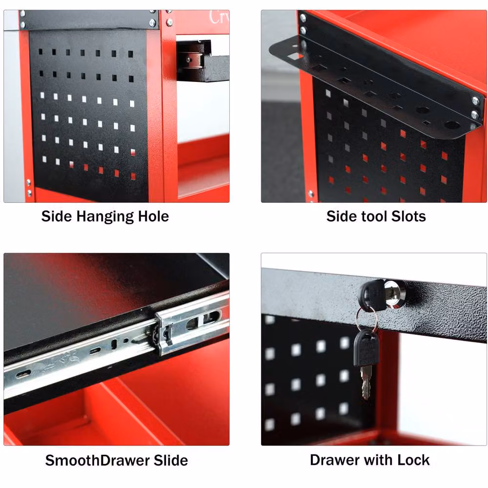Crystals 3 Tier Workshop Tool Trolley Cabinet with Drawer and Wheels, Red, W: 52 cm, D: 52 cm, H: 75 cm – 3