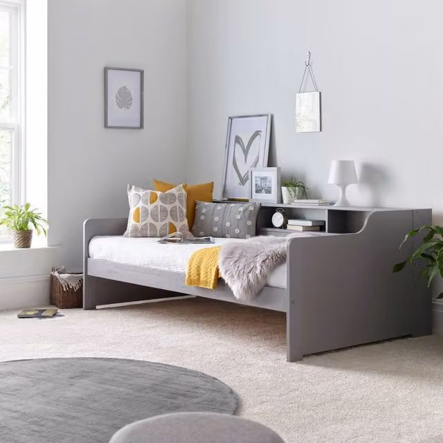 Rest Relax Trent Solid Pine Single Guest Bed in Grey with Side Compartments, 90 x 190 cm