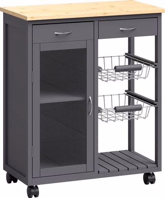 HOMCOM Grey Bamboo Kitchen Island Rolling Trolley with Glass Door, Metal Wire Baskets and Adjustable Shelf – 1