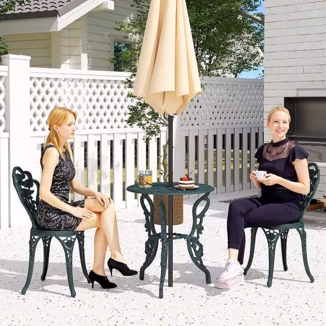 OUTSUNNY 3 Piece Metal Bistro Set with Round Table and 2 Chairs in Antique Green – 1