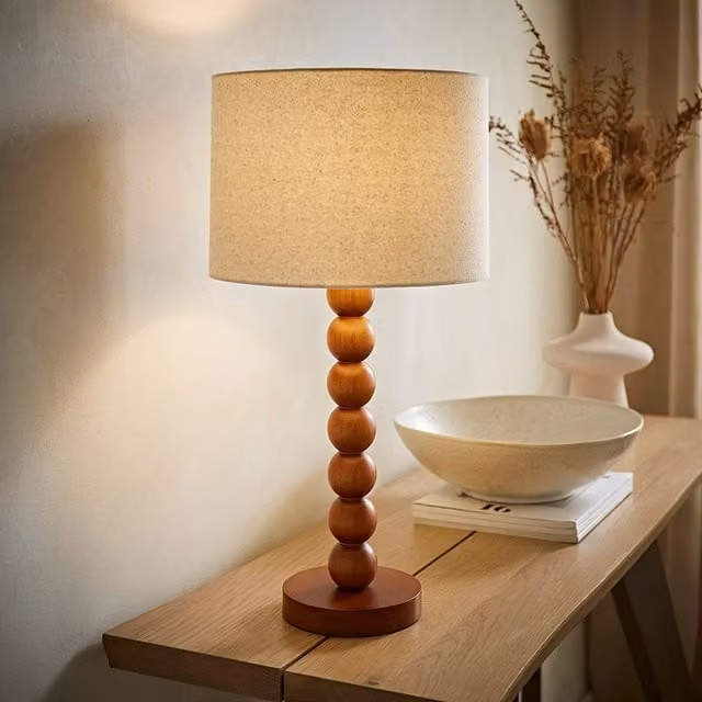 Wyatt Walnut Bobble Wood Table Lamp with Tall Beige Linen Shade and LED Bulb, Brown