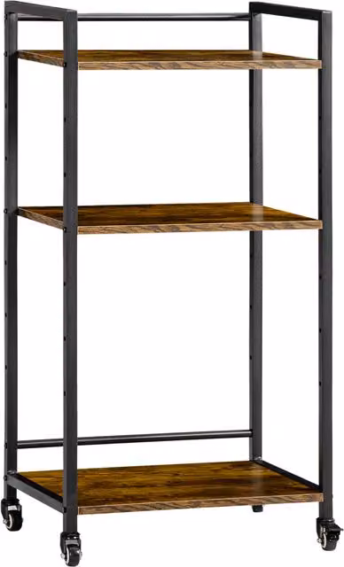 HOMCOM 3-Tier Printer Stand Utility Cart with Adjustable Shelves and Lockable Wheels in Rustic Brown – 1