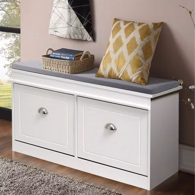 Livingandhome Modern White Flip Down Shoe Bench Cabinet with Silver Details