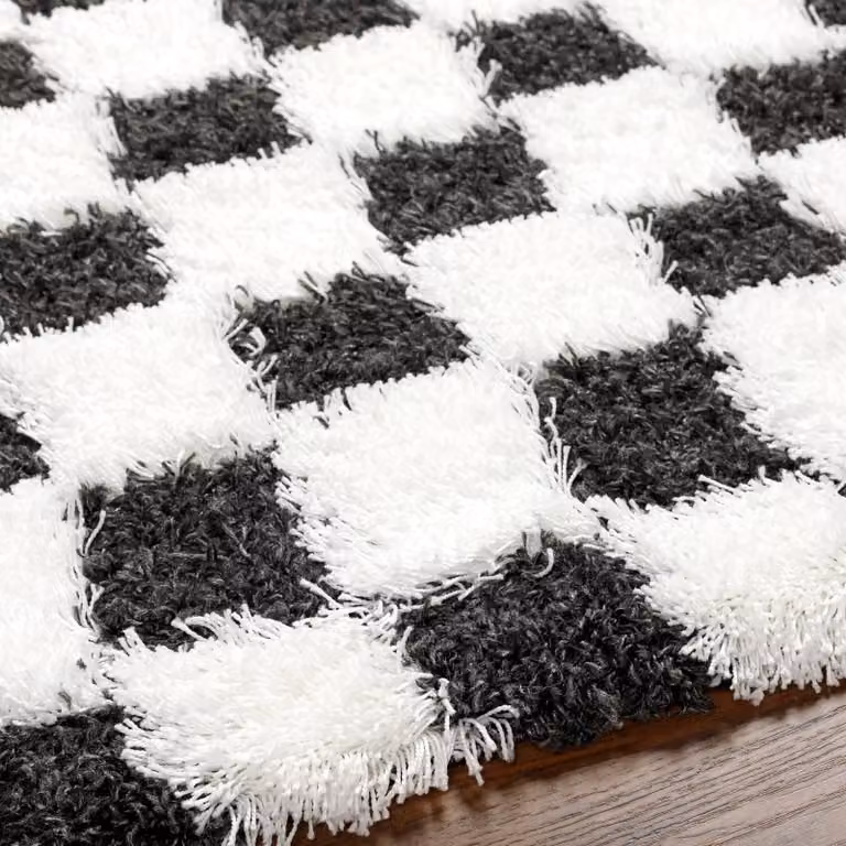 Livabliss Urban Shag Modern Checkboard Plush Pile Living Rug in Yellow, Black, Beige and Pink, W: 290 cm, D: 200 cm