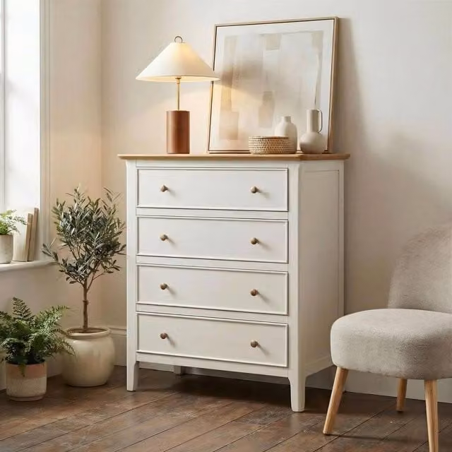FurnitureboxUK Belle 4 Drawer Solid Oak and Cream Chest of Drawers – 1