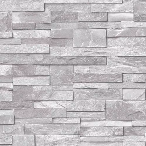 Grandeco 3D Slate Stone Brick Effect Washable Vinyl Wallpaper in Natural Grey