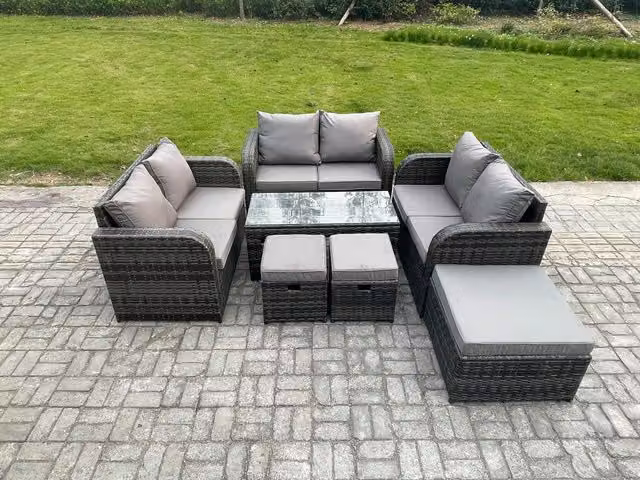 Fimous 7 Piece Wicker Rattan Garden Furniture Set in Dark Grey with Rectangular Coffee Table, Love Seat, and 3 Footstools
