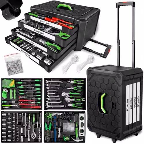 tectake Tool Box Trolley with 899-Piece DIY Tool Kit and 4 Drawers, Black – 1