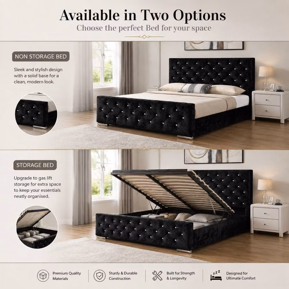 Stratus Interiors Florida Diamond Pattern Upholstered Plush Velvet Bed in Black, King Size (180 x 200 cm) – 3