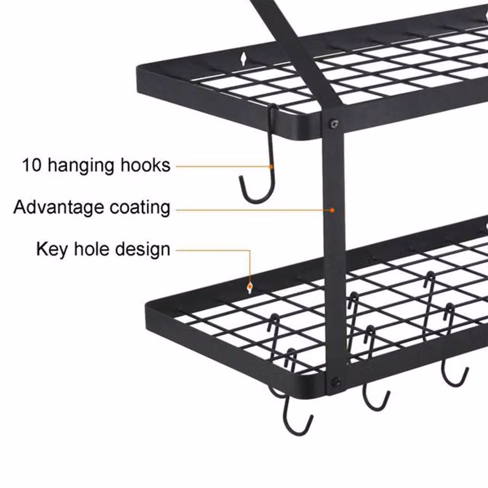 Garden Sanctuary Wall-Mounted 2 Tier Metal Pan Rack and Pot Holder Storage with 10 Hooks, Black – 4