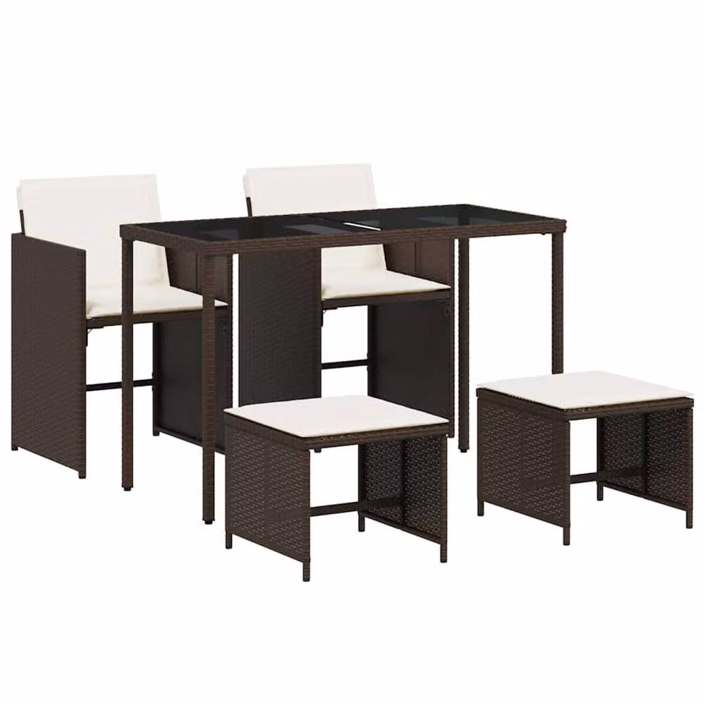 Berkfield Home 5 Piece Brown Poly Rattan Garden Dining Set with Glass Top and Cushions – 2