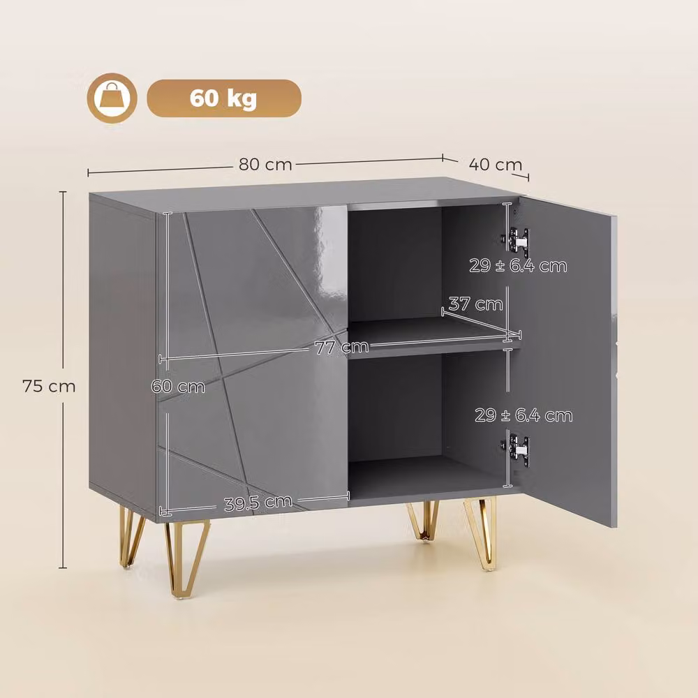 STILVORA Modern Glossy Grey Sideboard with Metal Legs and Gold Accents – 2