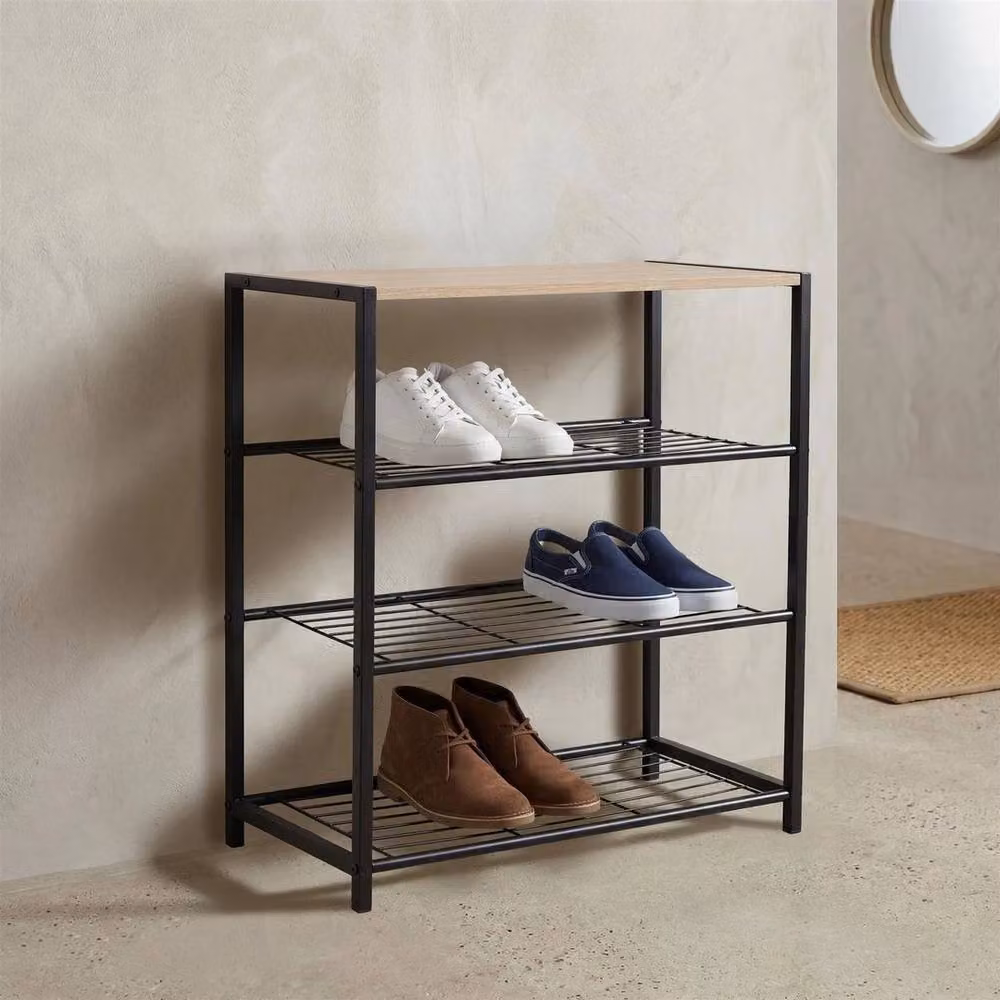KORVIXA 3 Tier Industrial Metal and Wood Shoe Rack with Seat in Black, W/D/H: 100 x 30 x 63 cm – 4