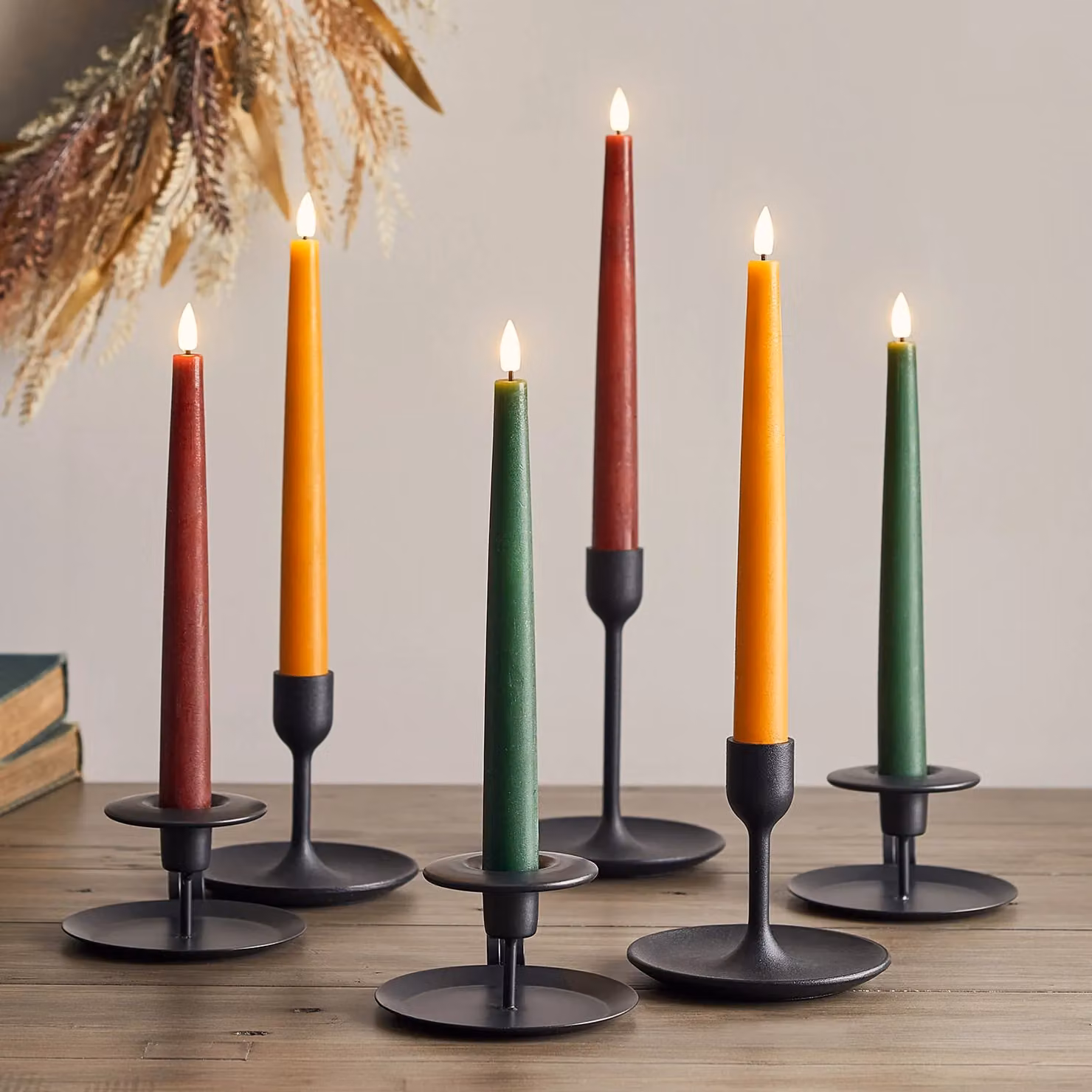 TruGlow Autumnal LED Taper Candles with Remote Control, Set of 6, Multicolour Wax Candles with Flicker Effect and Timer