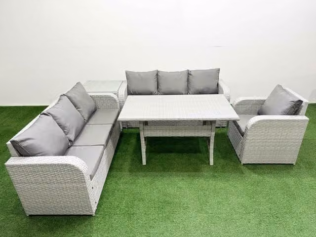 Fimous 7 Seater Poly Rattan Outdoor Garden Furniture Set in Grey with Rectangular Dining Table, 3 Seater Sofa, 3 Reclining Chairs and Side Table