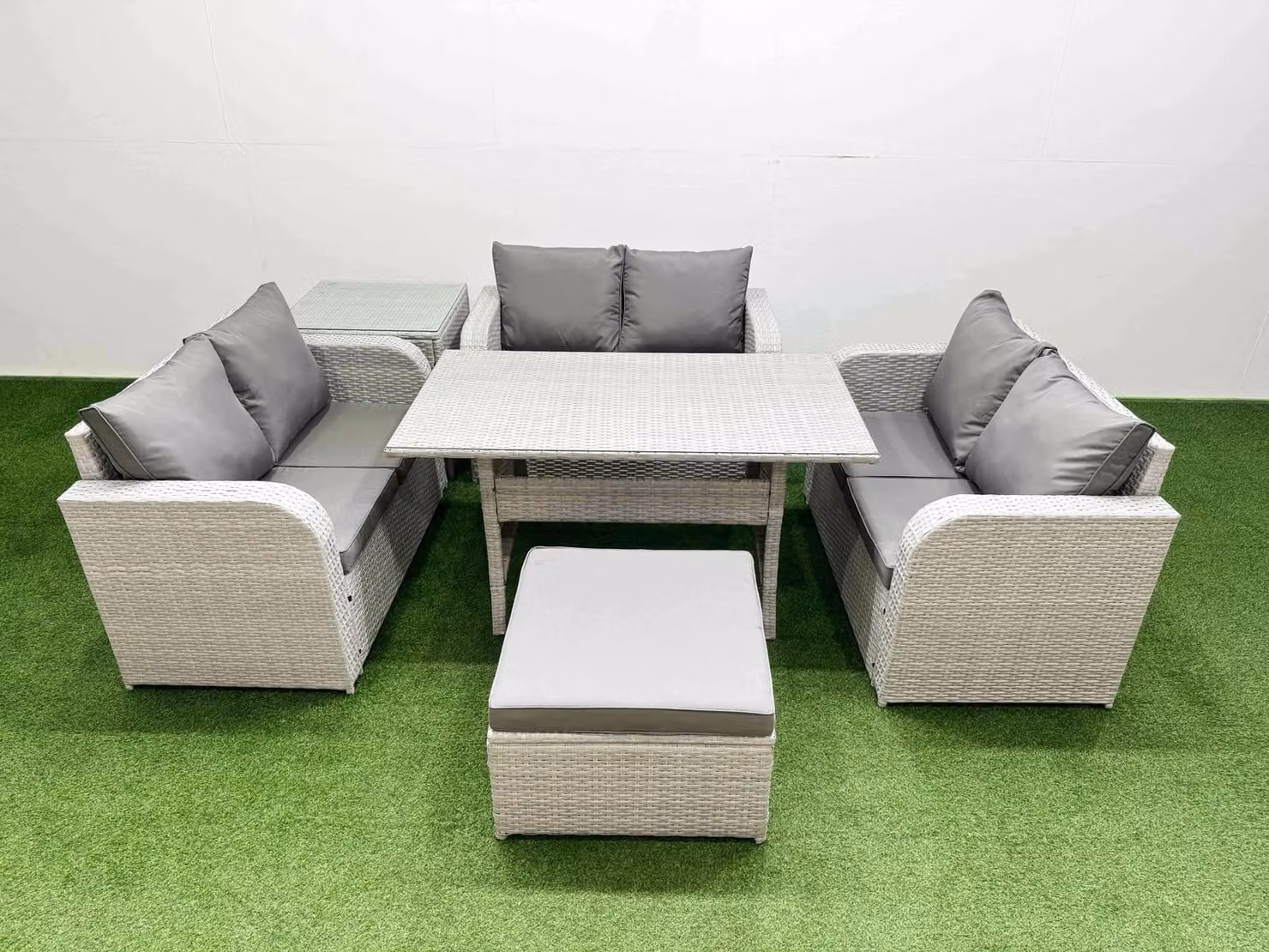 Fimous 7 Seater PE Wicker Rattan Garden Furniture Set in Light Grey with Rectangular Glass Dining Table, 2 Seater Love Sofa, Big Footstool and Side Table