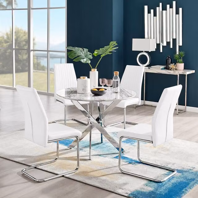 FurnitureboxUK Novara White Marble Effect Round Dining Table and 4 Lorenzo Chairs in White and Silver