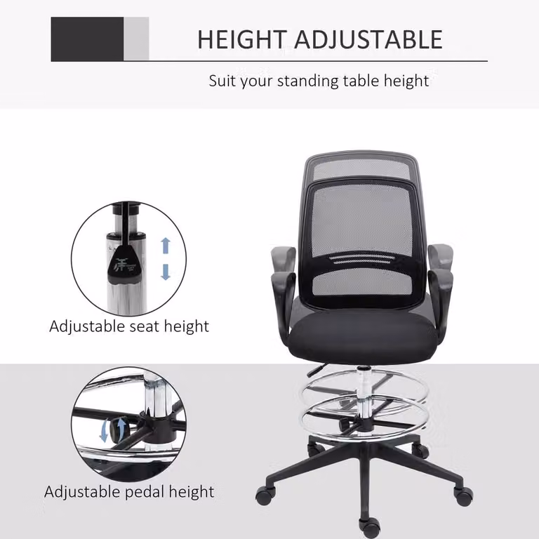 ERGOVEXA Black Fabric Drafting Chair with Foot Ring, Armrests and Swivel Castors, H 120 x W 66 x D 68 cm